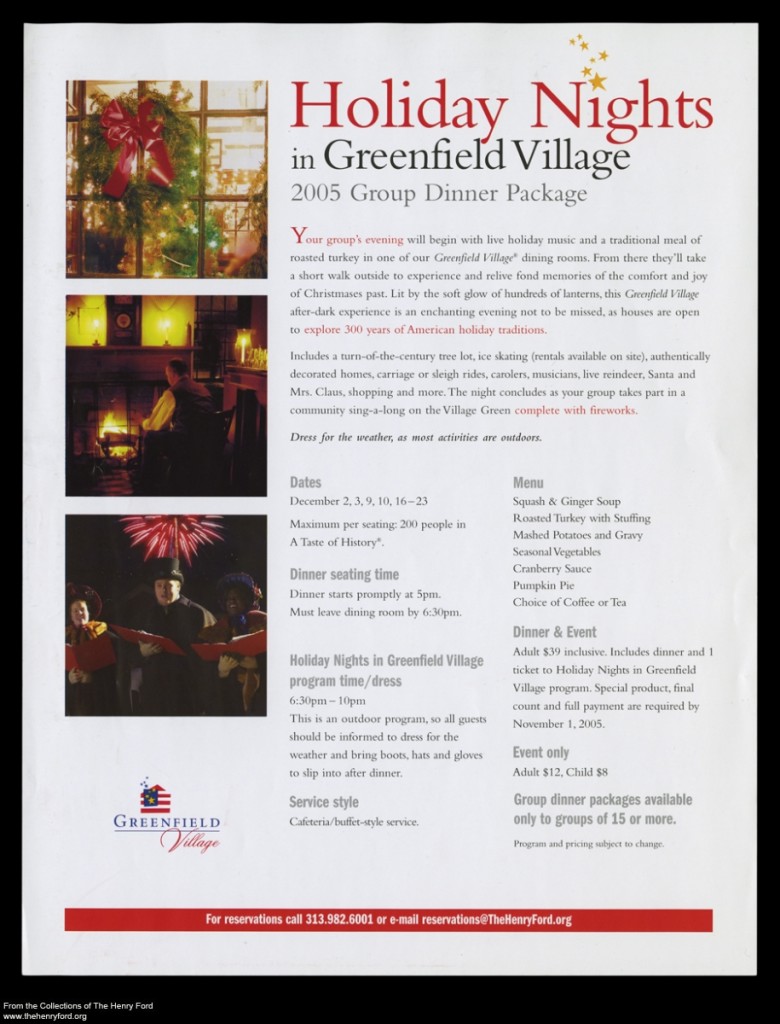 Informational Leaflet, 'Holiday Nights in Greenfield Village,' 2005.