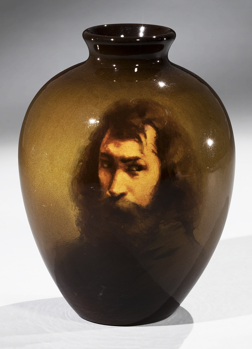 Vase, 1902 Brown vase with painted portrait of young man with long hair, beard, and mustache