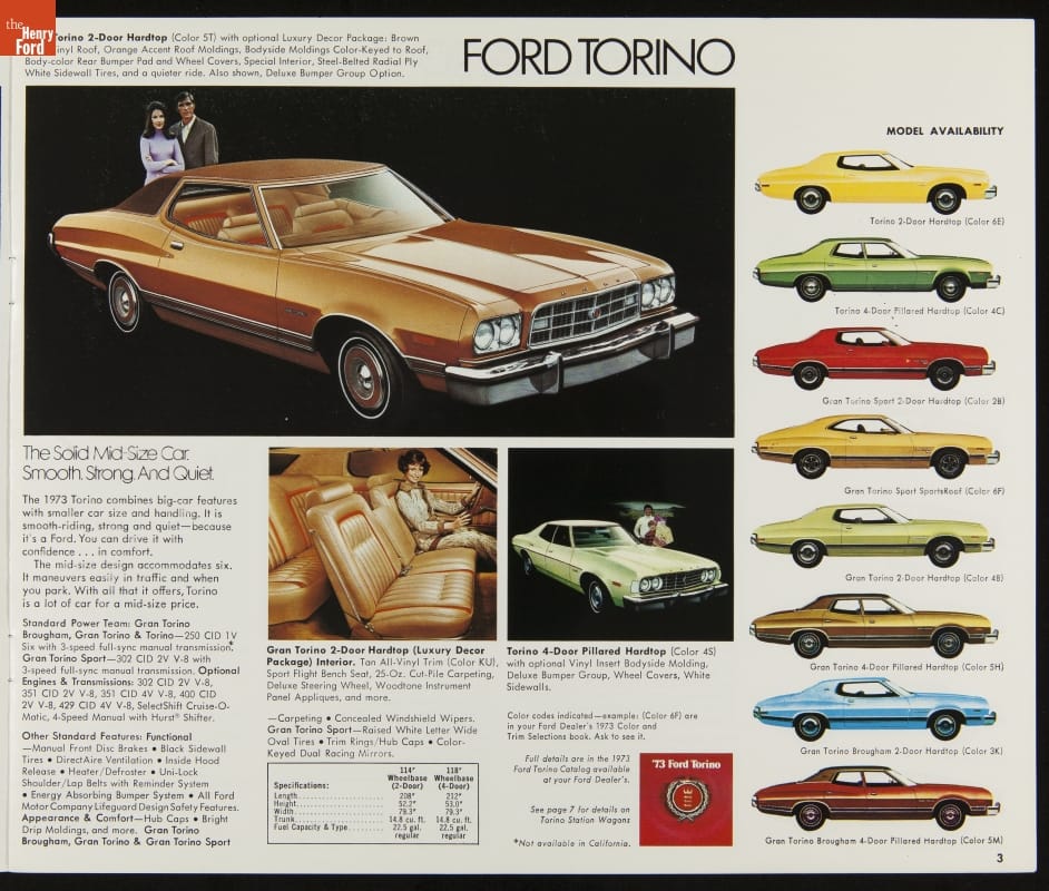Sales Brochure for 1973 Ford Cars, "'73 Ford Better Ideas" Page from magazine or catalog with images of Ford Torino cars and text