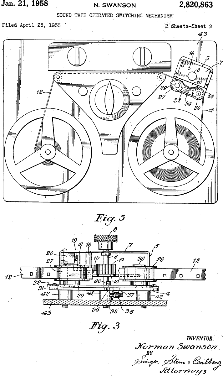 Sound tape operated switching mechanism patent drawing Technical drawing featuring equipment with numbers and labels