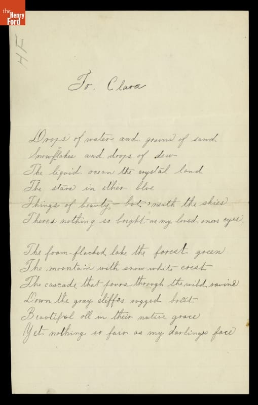 Poem, Written by Henry Ford for Clara Bryant, 1886-1888 Sheet with handwritten cursive poem