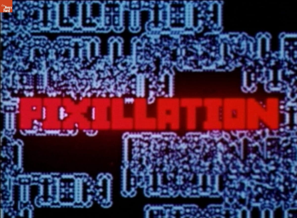 Thick red text reading "PIXILLATION" over black background with blue digital pattern 