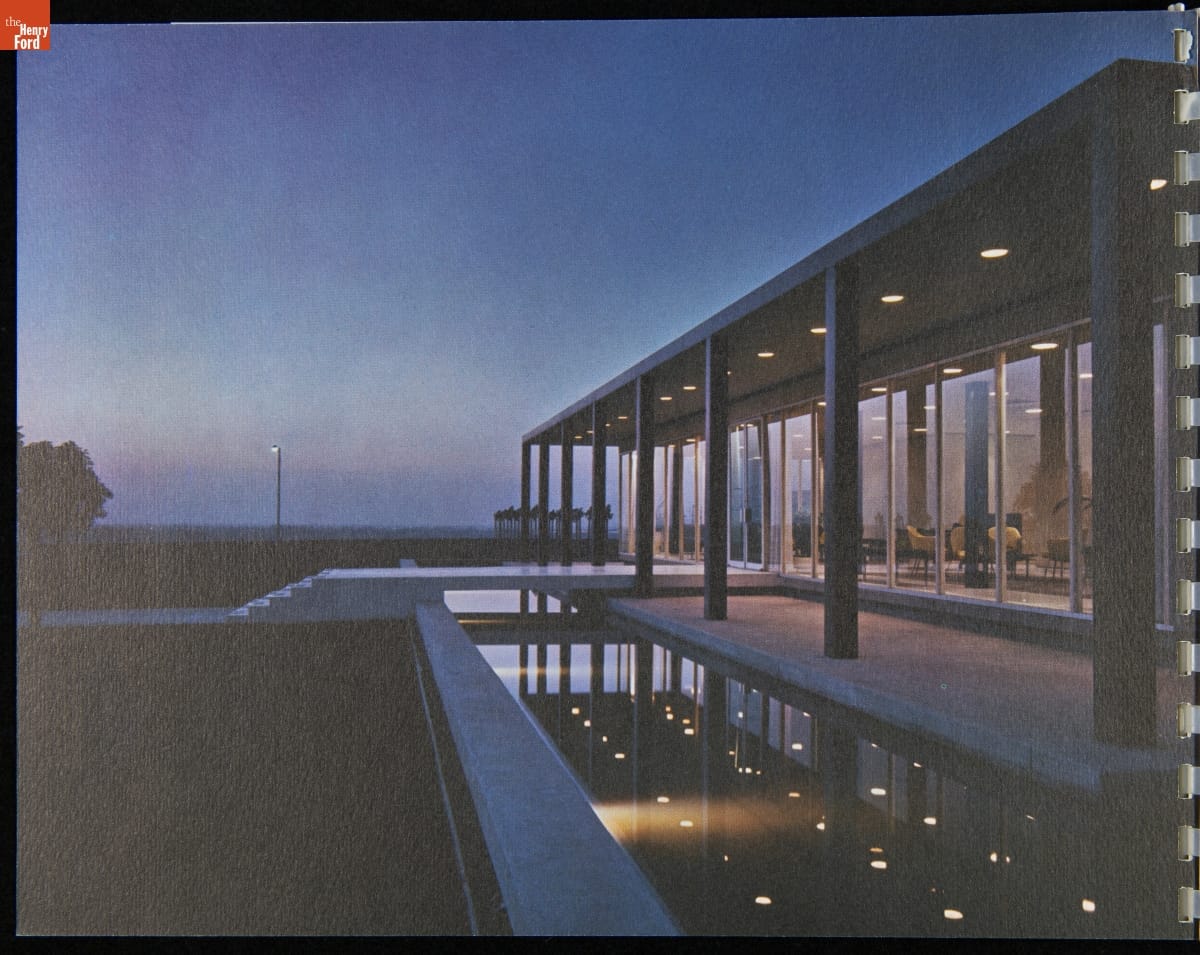 The Challenge and the Reward - Aeronutronic, 1956-1963 / image 1 Low, modern glass and concrete building with patio, columns, and pool outside, pictured at dusk