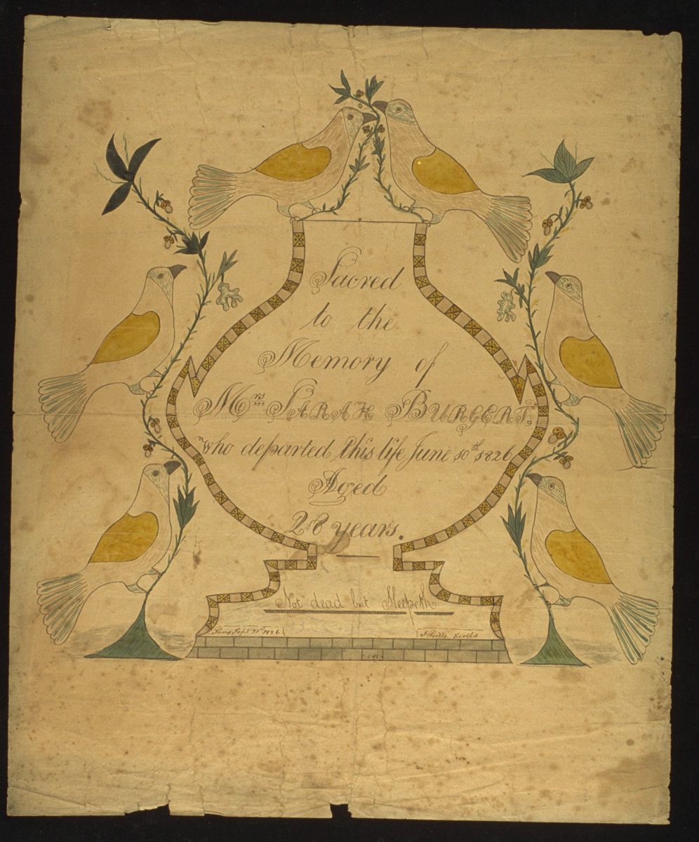 Painting with urn shape containing text, surrounded by six white birds with yellow wings and vines 