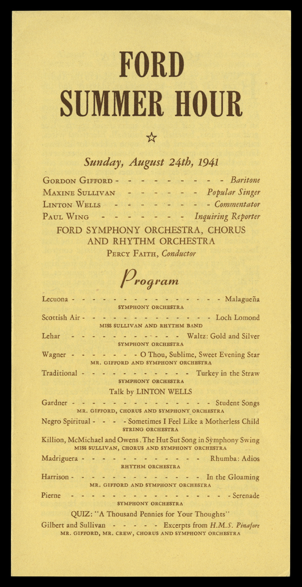 Program, "Ford Summer Hour," Sunday, August 24, 1941 Yellow sheet with text