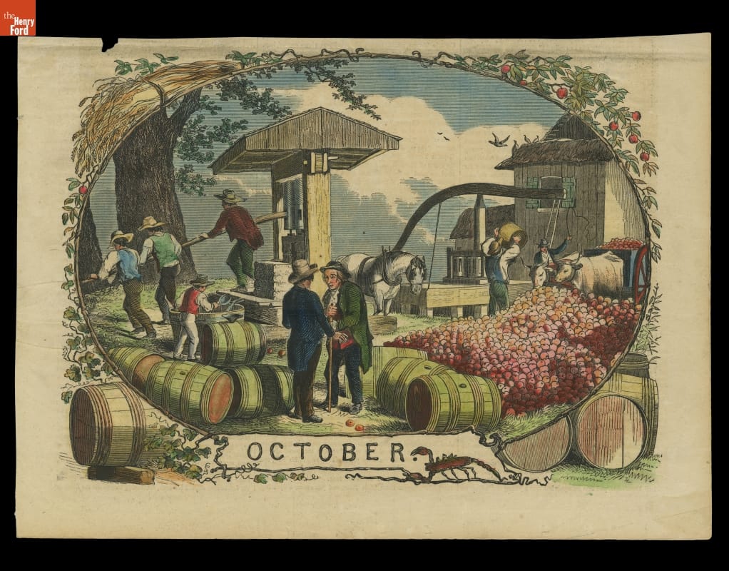 Wood Engraving, "October," 1854 Color print with text "OCTOBER" at bottom and scene with people and animals working around barrels and a large pile of apples