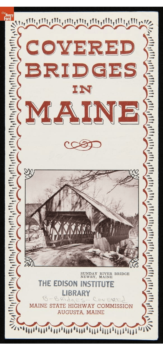 “Covered Bridges in Maine,” 1956, and “Covered Bridges in New Hampshire,” 1969 GIF cycling through two map covers with text and images
