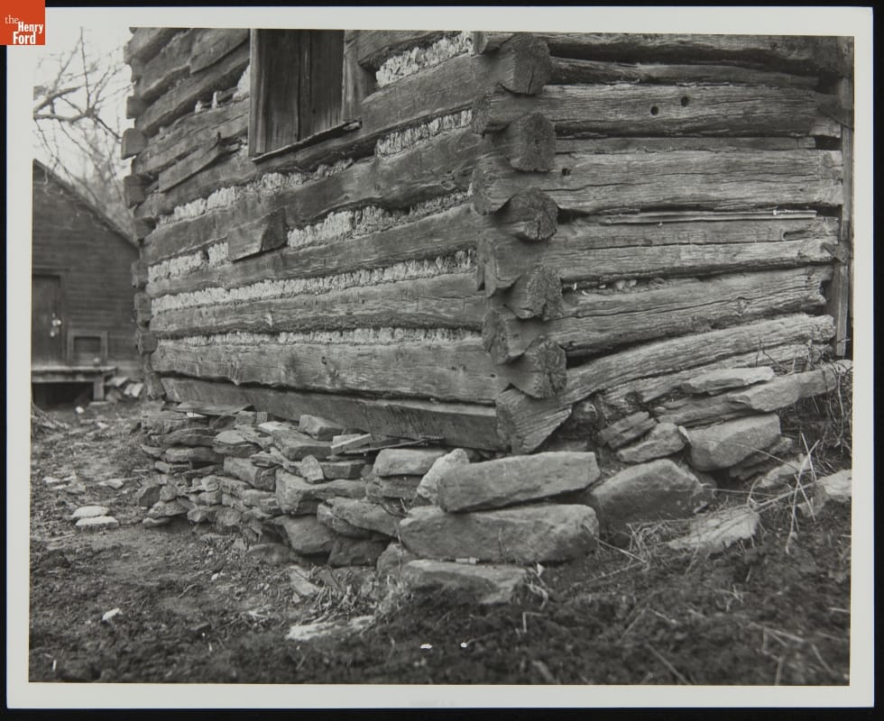 McGuffey Birthplace, Original Site Close-up photo of corner of log cabin on stone foundation