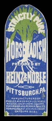 Product Label for Bottled Horseradish by Heinz & Noble, "Strictly Pure," 1872 Blue arch-shaped label with white text and white and green image of plant with roots