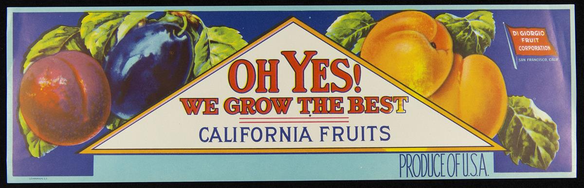 Crate Label, "Oh Yes! We Grow The Best California Fruits," 1930-1940 Label with red and purple plums on left side; peaches or nectarines on right side; triangular shape in middle containing text