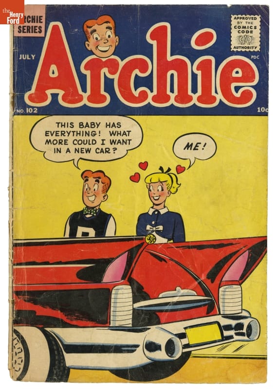 "Archie" Comic Book, July 1959 Bright comic book cover with text and image of two teens looking at back end of red car with fins