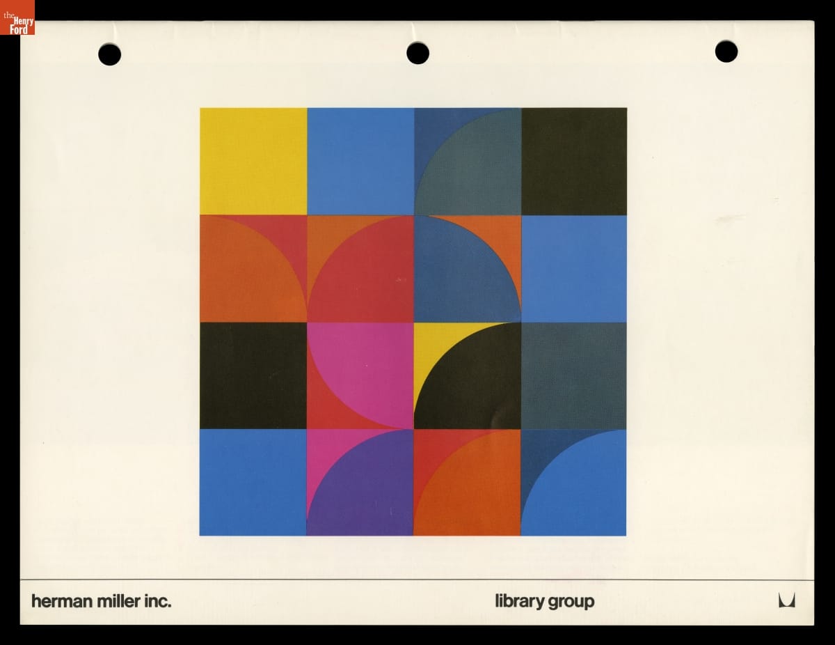 Herman Miller, Inc. Library Group, circa 1970 White page containing text and colorful pattern of squares and semi-circles
