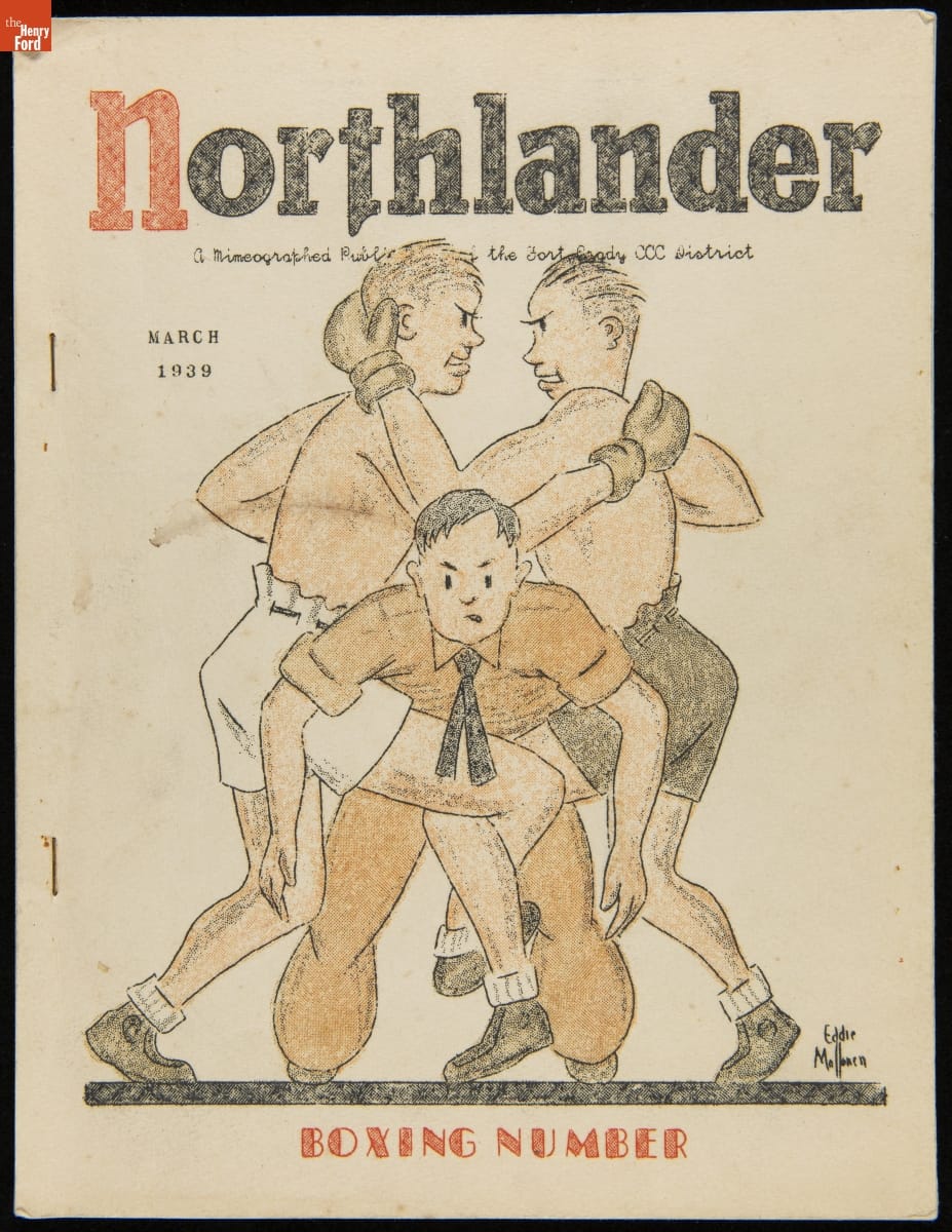 Page with text and drawing of two men boxing with one man in uniform wedged between them