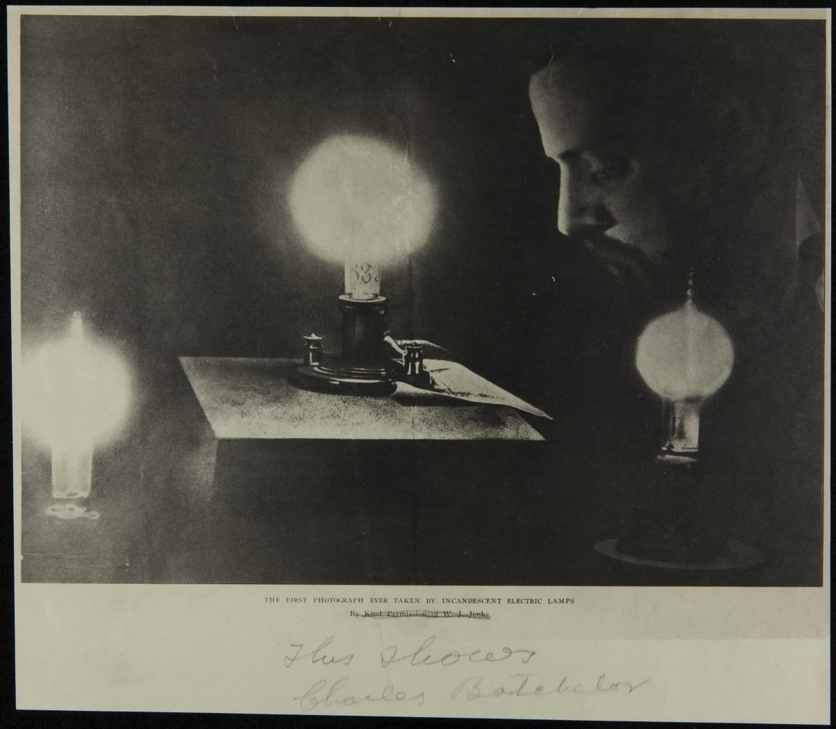 Portrait of Charles Batchelor, "First Photograph Made with Incandescent Light," 1880 Man bows his head, eyes closed, among three illuminated light bulbs