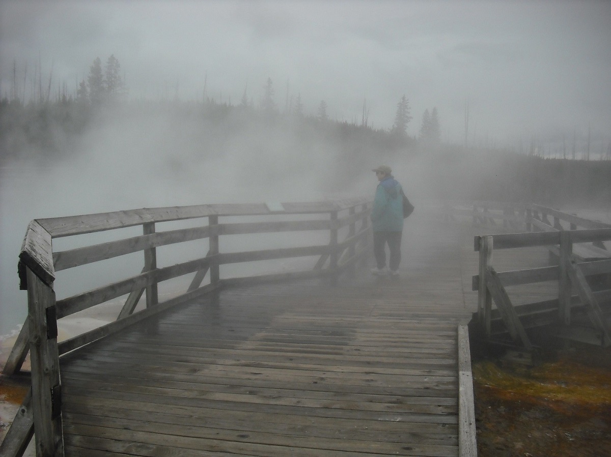 Donna Braden at Yellowstone National Park, 2014 Woman stands on wooden boardwalk among steam, mist, or fog with trees visible in the background