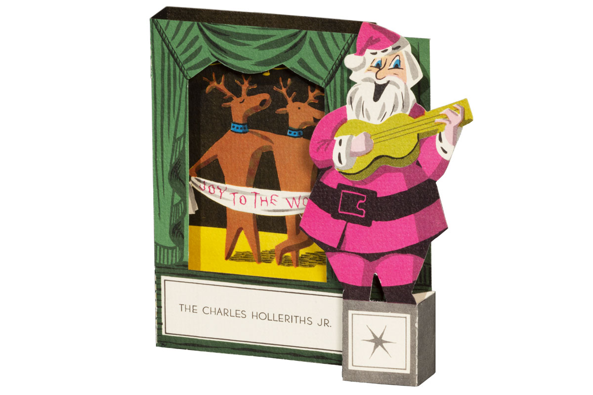 3-Dimensional Christmas Card, "Joy to the World," circa 1952 Pop-up greeting card featuring Santa playing a guitar and two reindeer on a stage holding a banner; also contains text