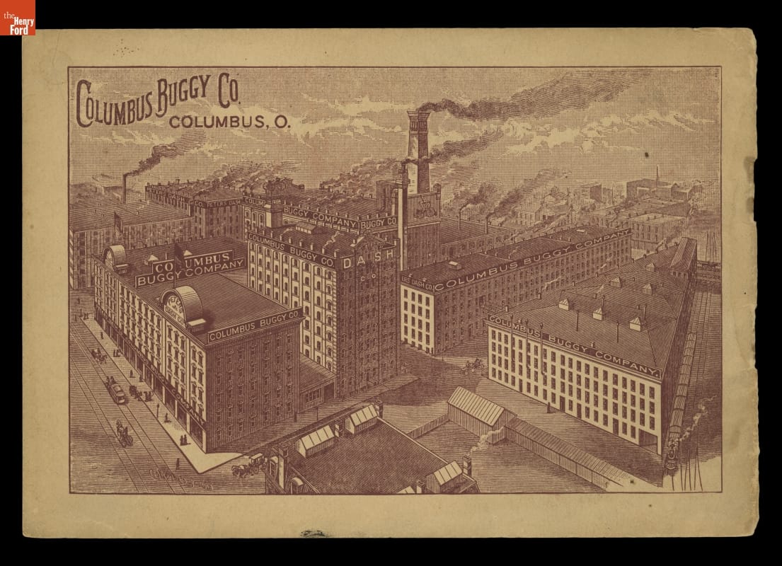 Columbus Buggy Company Catalog, 1889 / back Print of large multi-building factory with smoke coming from many smokestacks; also contains text