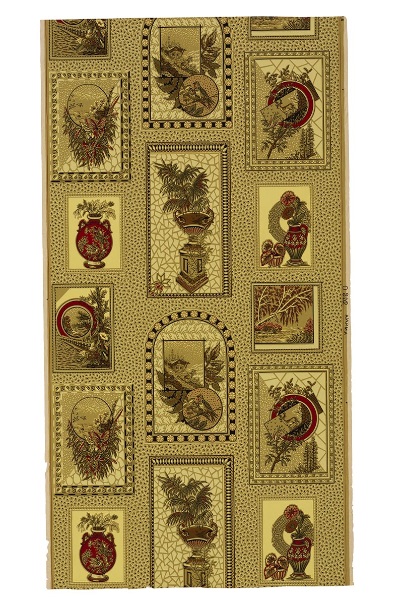 Rectangular piece of wallpaper with small windows containing images of urns and vases filled with plants or flowers and other decorative elements in a largely gold and red color scheme