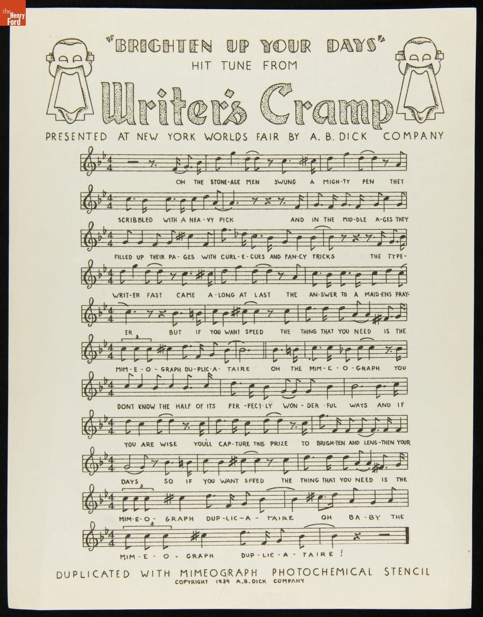 "Brighten Up Your Days," Song for the Writer's Cramp Marionette Show, New York World's Fair, 1939 Sheet music with lyrics; text and images at top and text at bottom