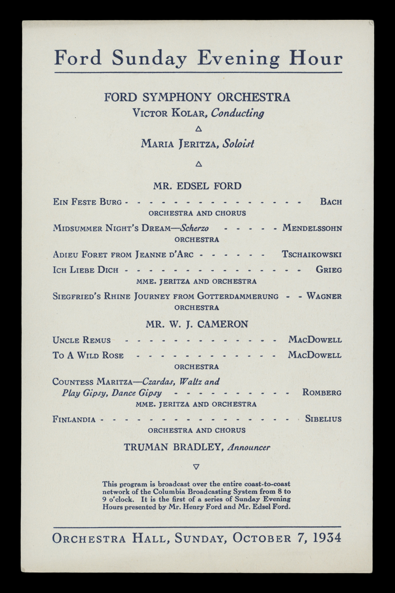 Program for the First "Ford Sunday Evening Hour" Radio Broadcast, October 7, 1934 Page with text