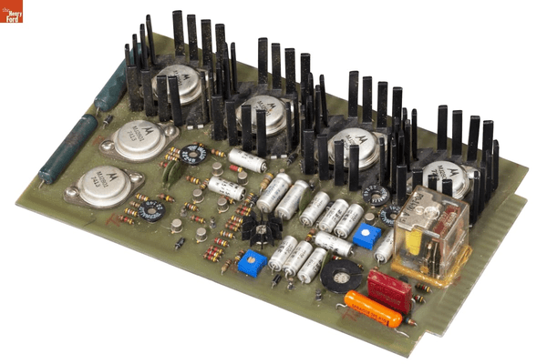Components of Mowtron’s transistorized guidance system GIF that rotates through three images of equipment