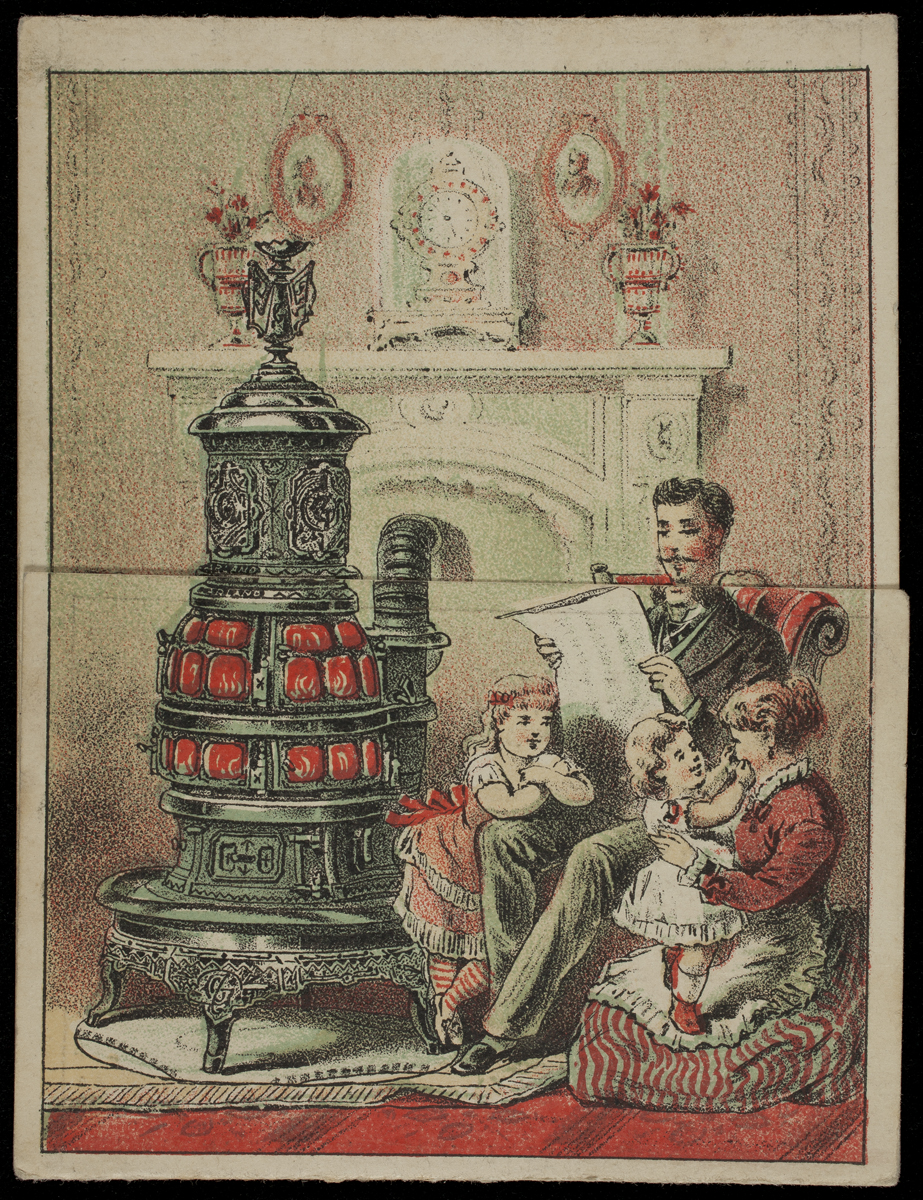 Trade card for Garland Base Burner, Michigan Stove Co., 1880 Printed family scene with man reading newspaper in a chair, woman holding little girl at his feet, and another little girl at the other side of his chair, all around a metal heating stove