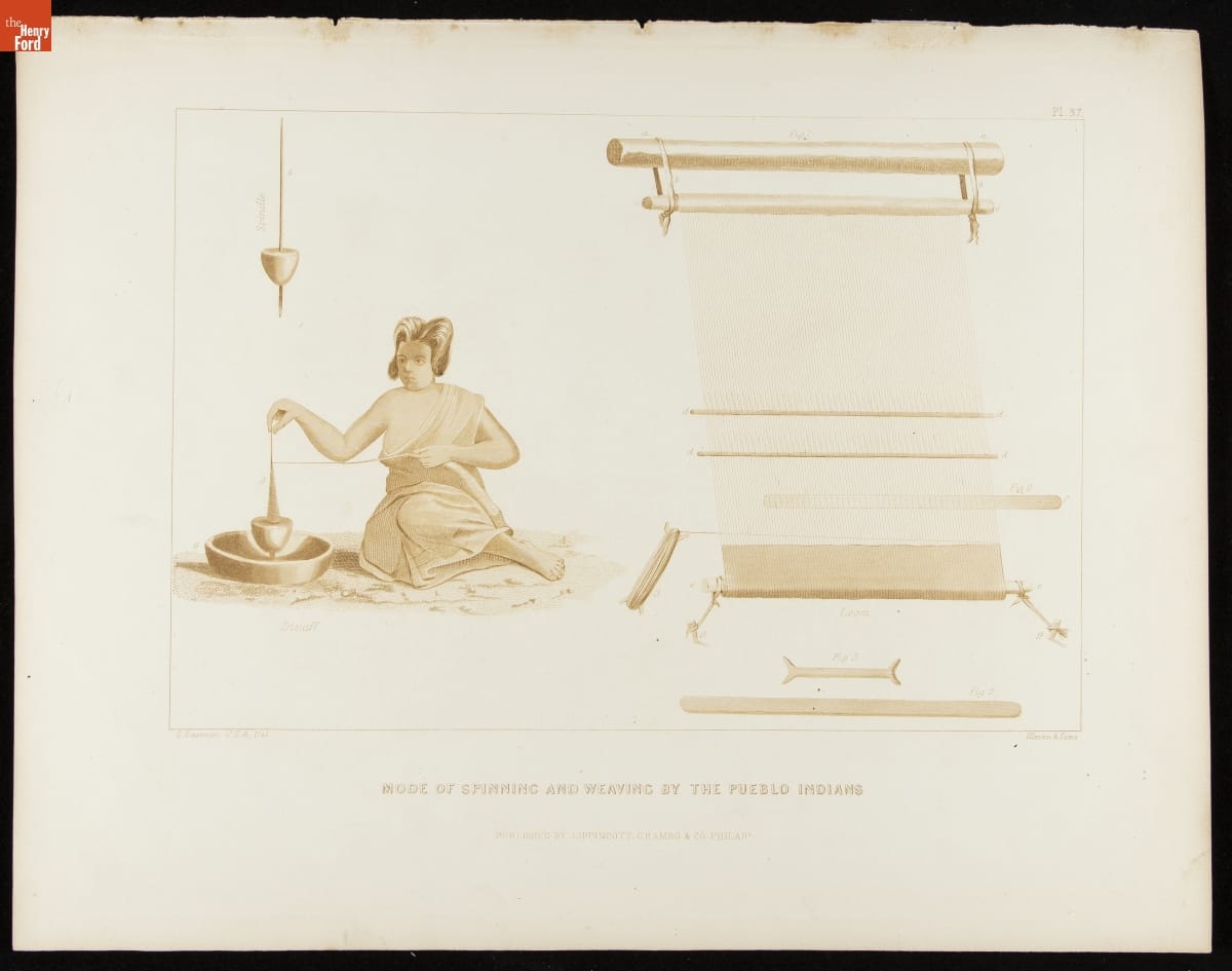 Page with text and images of woman working with some kind of tools and fabric weaving in progress