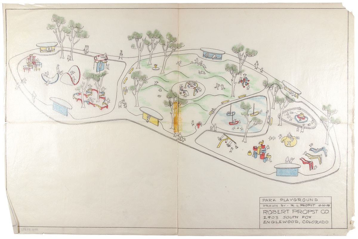 Drawing, "Park Playground," October 30, 1958 Design drawing of playground from above showing a variety of play structures and children using them; also contains text