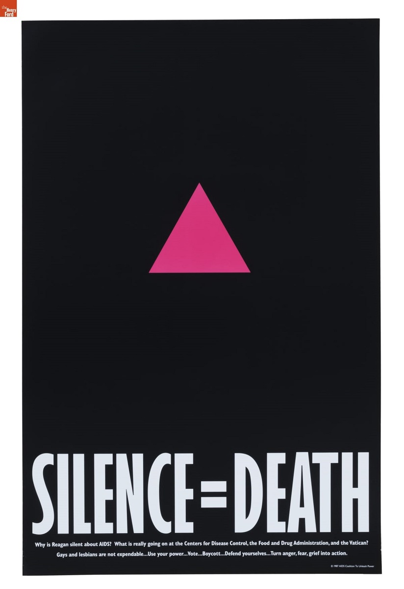 SILENCE = DEATH Collective Poster, 1987 Black poster with pink triangle in center and text "SILENCE = DEATH" at bottom