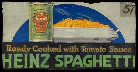 Streetcar Advertising Poster for Heinz Spaghetti, circa 1930 Image of can next to platter holding pasta; also contains text
