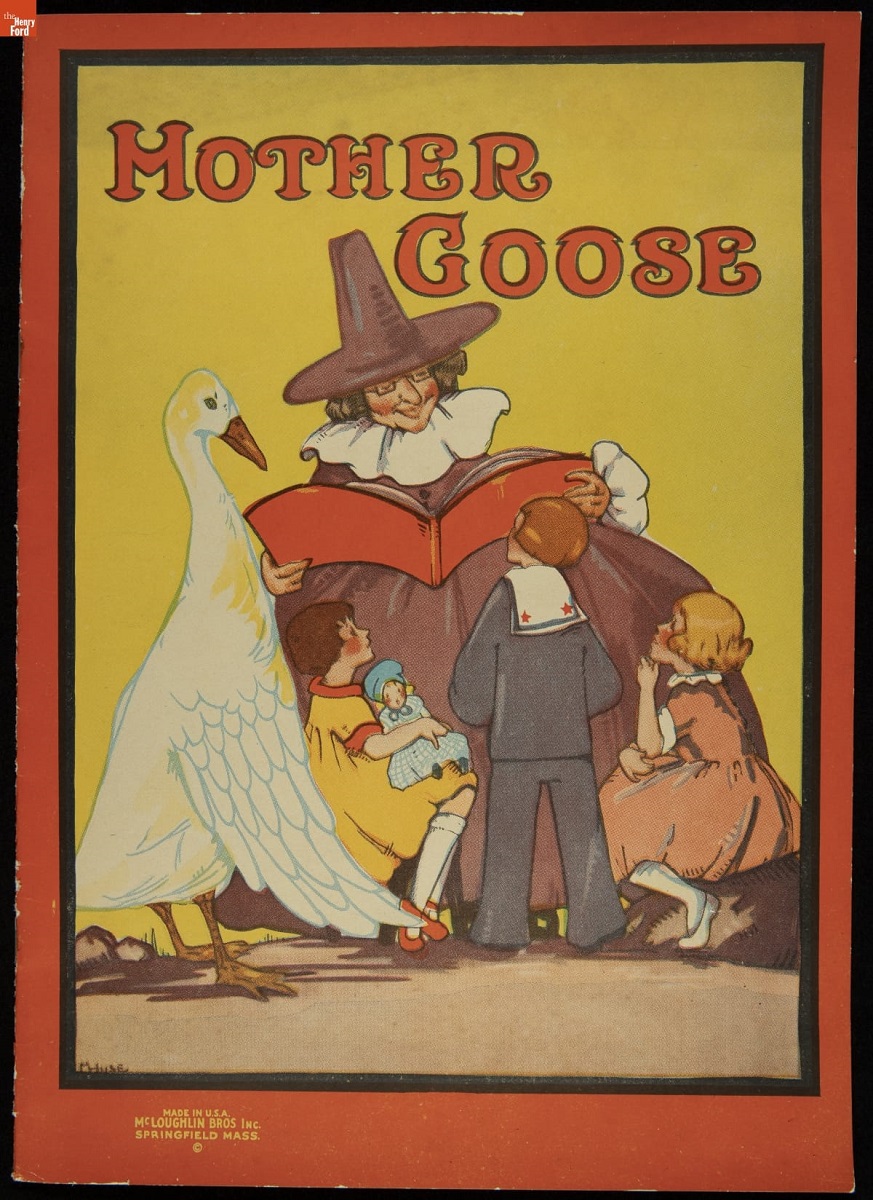 Mother Goose Rhymes, 1920-1940 Red and yellow book cover with text "Mother Goose" and image of person in purple hat and clothing reading a book to three children and a goose
