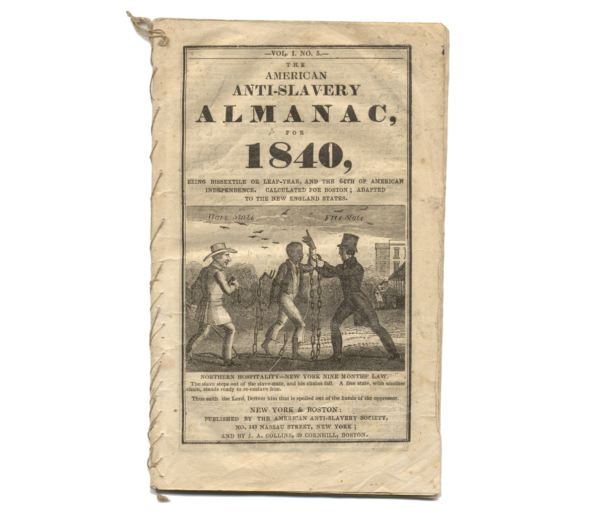 "American Anti-Slavery Almanac for 1840" Yellowed cover with image of two white men in suits holding an African American man in chains and title reading in part “The American Anti-Slavery Almanac for 1840”