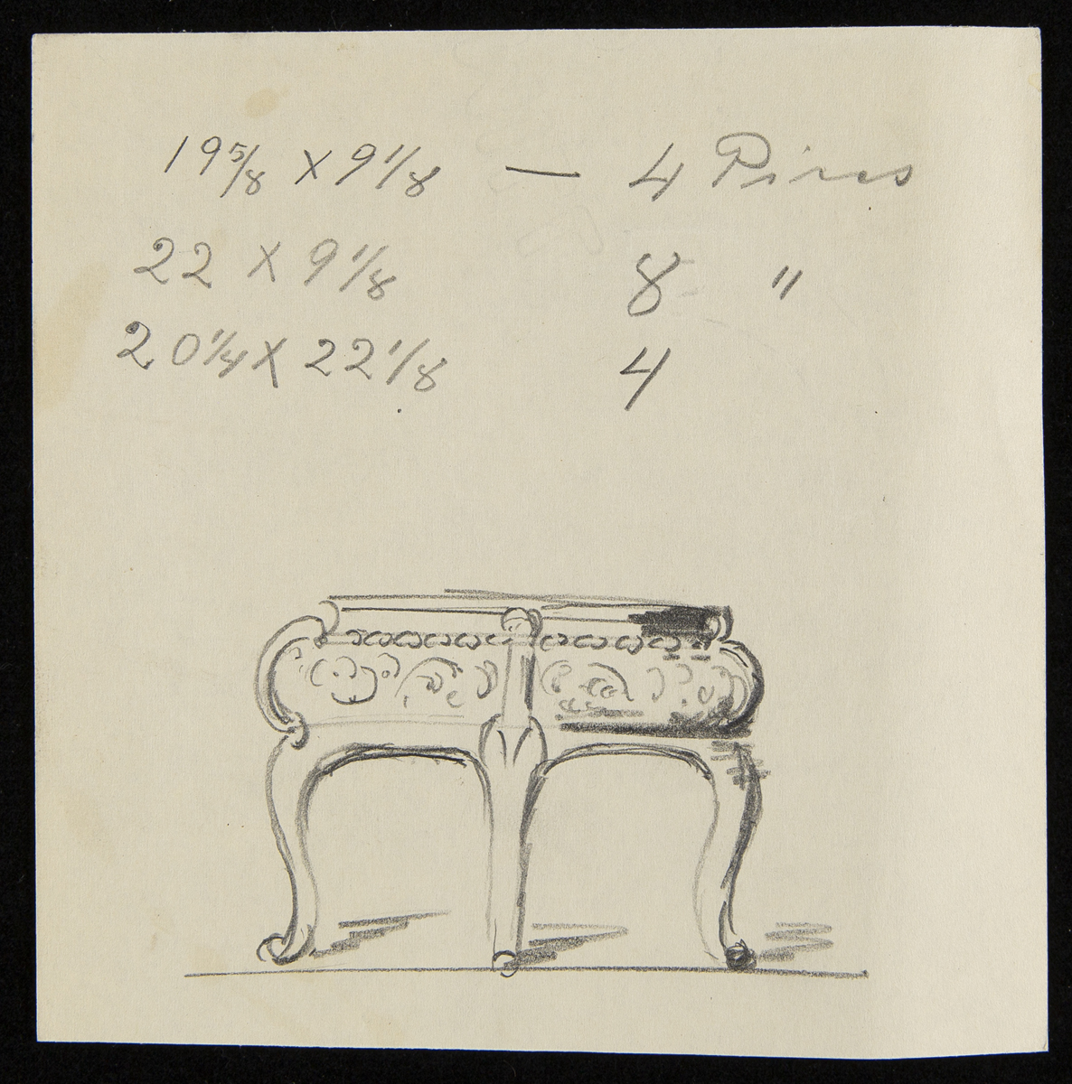 Design Drawing of Furniture for Fair Lane Estate, 1922-1924 Page with drawing of stool or table and measurements and notes written above