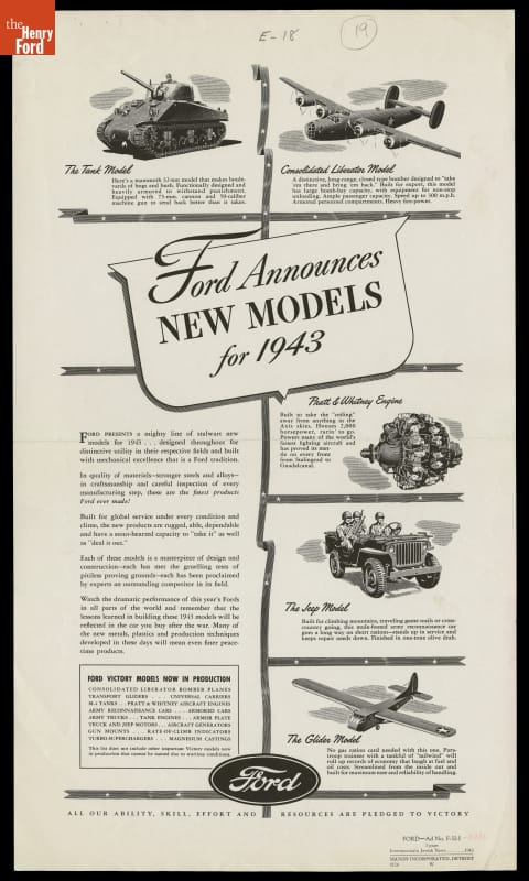 Ford Institutional Advertising on Military Vehicle Production, "Ford Announces New Models for 1943" Page with text and images of engines and military vehicles
