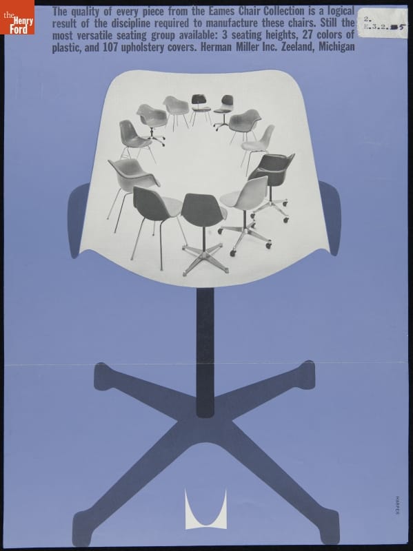 Herman Miller Advertisement, 1961, "The Quality of Every Piece From the Eames Chair Collection..." Blue advertisement with text and large image of chair, with smaller images of other chairs on the large chair's back
