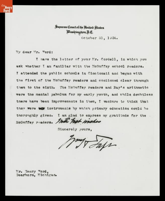 Letter from William H. Taft to Henry Ford regarding McGuffey Readers, 1924 Typewritten, hand-signed letter on letterhead