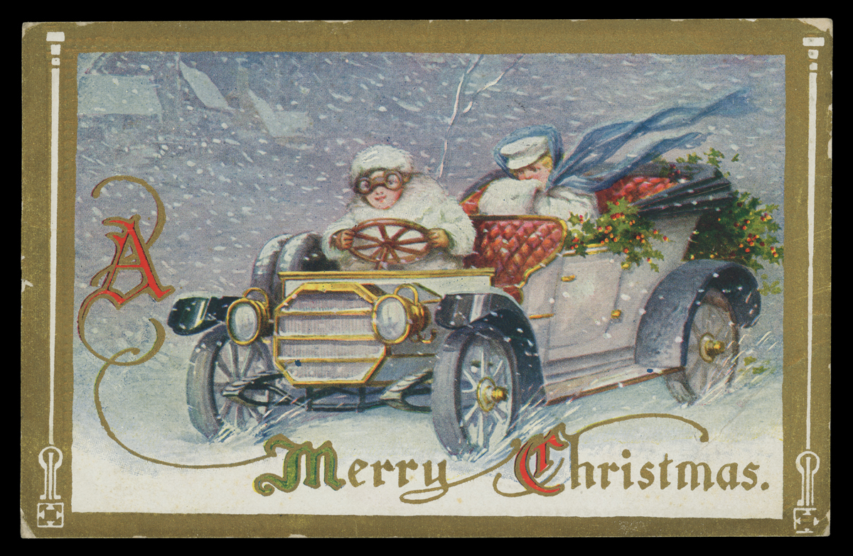 Christmas Greeting Postcard, "A Merry Christmas," 1910 Postcard of two people in an open car driving through snow