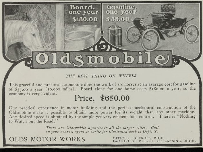 Advertisement for Olds Motor Works, "Oldsmobile, the Best Thing on Wheels," 1903 Page with images and text