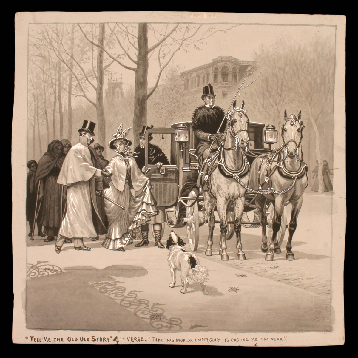 Well-dressed man and woman walk toward an open carriage door, with other people and a dog nearby