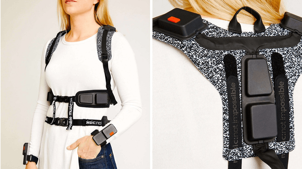The wearable device from Music: Not Impossible Gif showing four total images of backpack-like device that attaches around the body