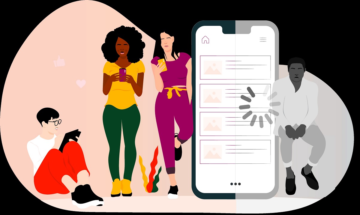 Three people in full color on one side of a large cellphone use phones and tablets; one person on the other side in black-and-white with an Internet "loading" symbol