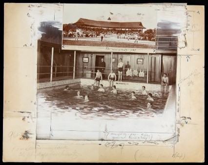 Advertising Layout Photograph of Heinz Company Employee Swimming Pool and Heinz Baseball Team, circa 1912 Photographs of people in swimming pool and a baseball game mounted on a large manila sheet with pencil markings