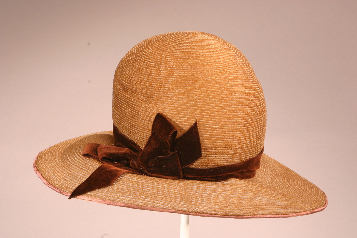 Cloche, Worn by Elizabeth Parke Firestone, 1920-1935 Straw hat with brown velvet ribbon