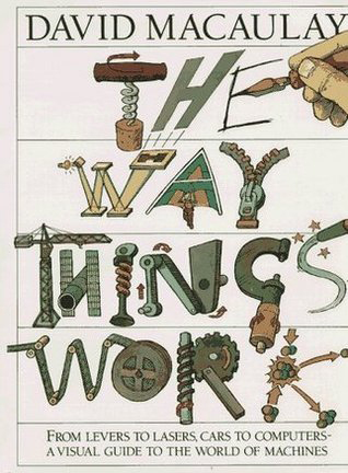 The Way Things Work (1988) by David Macaulay White book cover with title rendered out of screws, buildings, corkscrews, zippers, and more