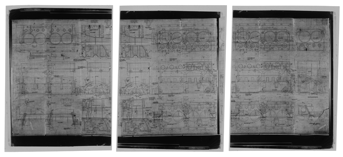 Drawing, "Cylinder Block," Ford Model A, March 15, 1928 Three sheets with intricate drawings, notations and text