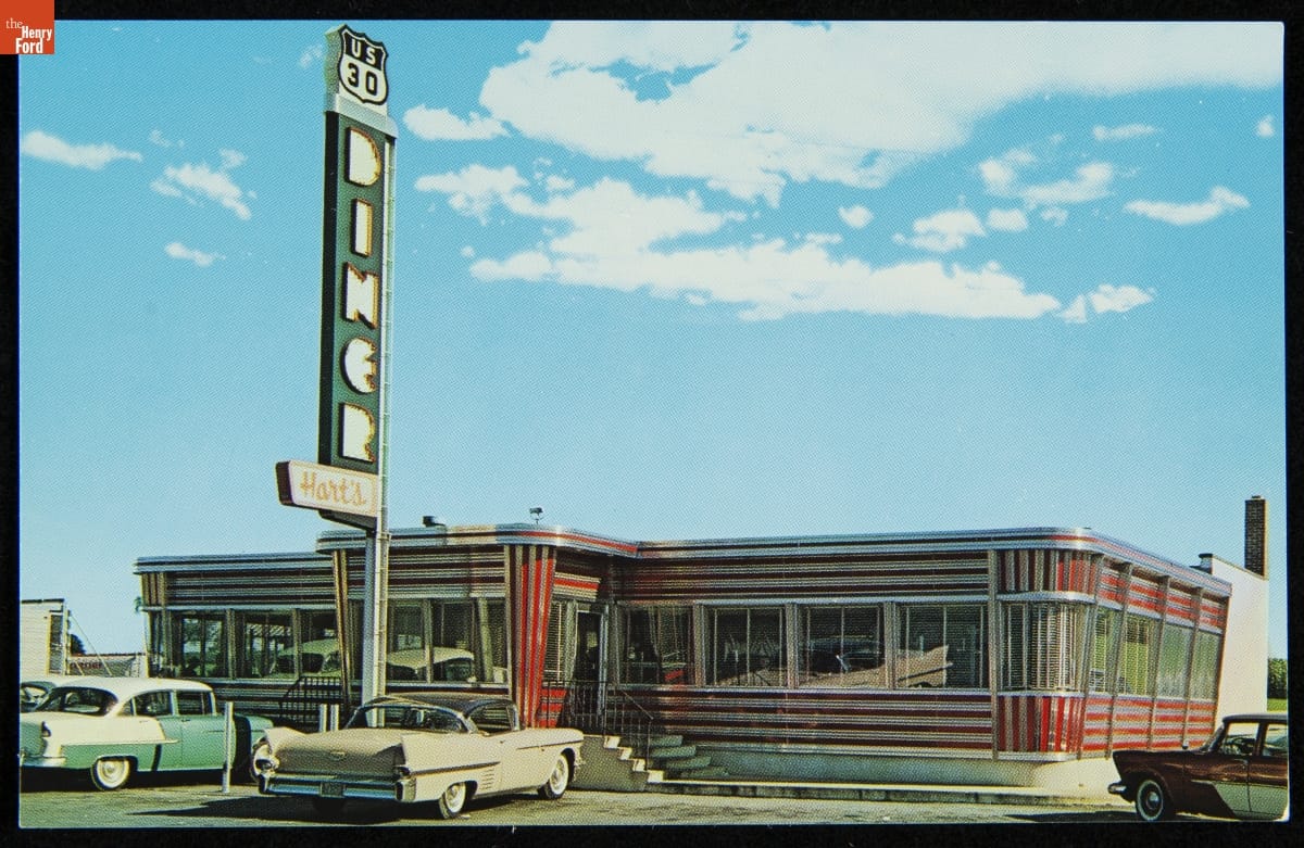 Postcard, Hart's U.S. 30 Diner, Lancaster, Pennsylvania, circa 1960 Low red-and-white striped diner with large sign and cars parked out front