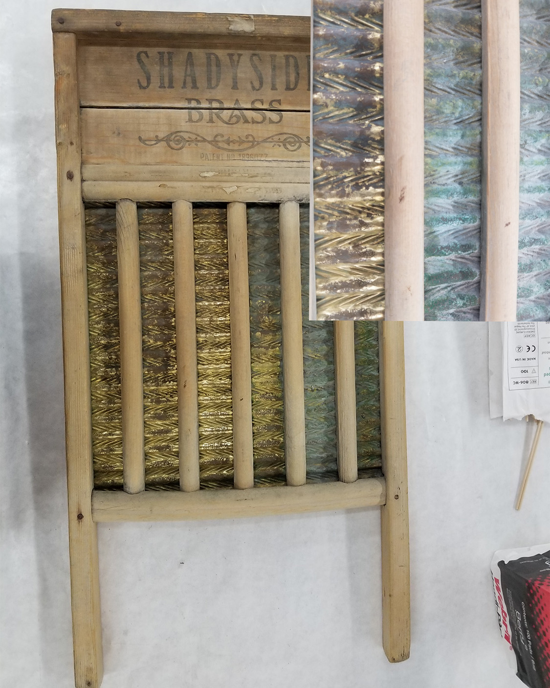 Brass Washboard with Verdigris Brass washboard pre cleaning showing verdigris