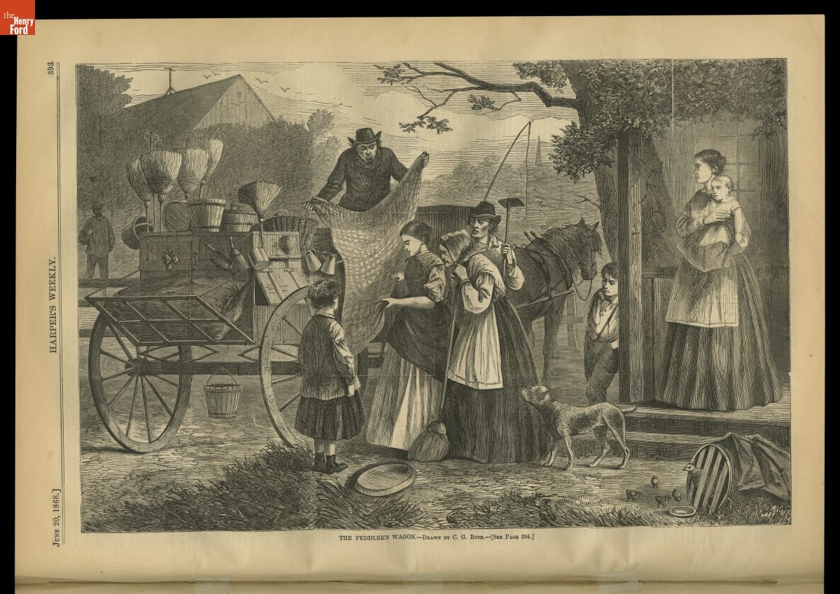 Magazine page of people selling items