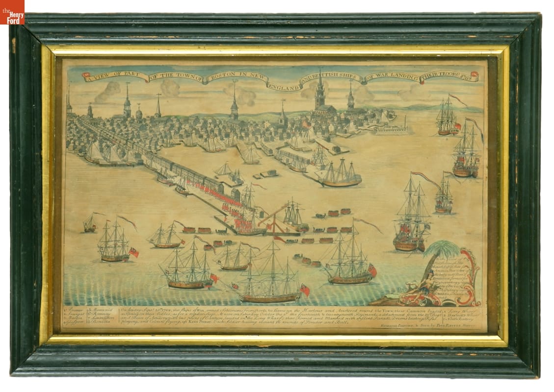 Framed print of ships in water near docks in a town or city