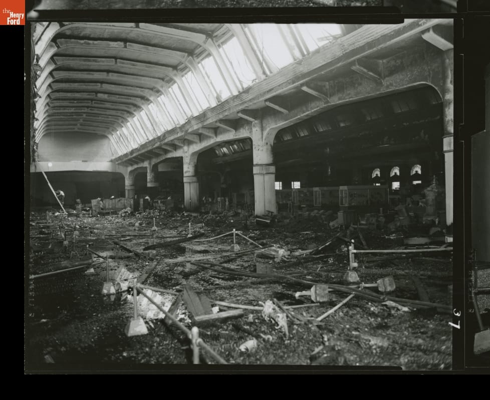 Fire Damage, Henry Ford Museum, August 9, 1970 Large space with arched celling, full of debris and water